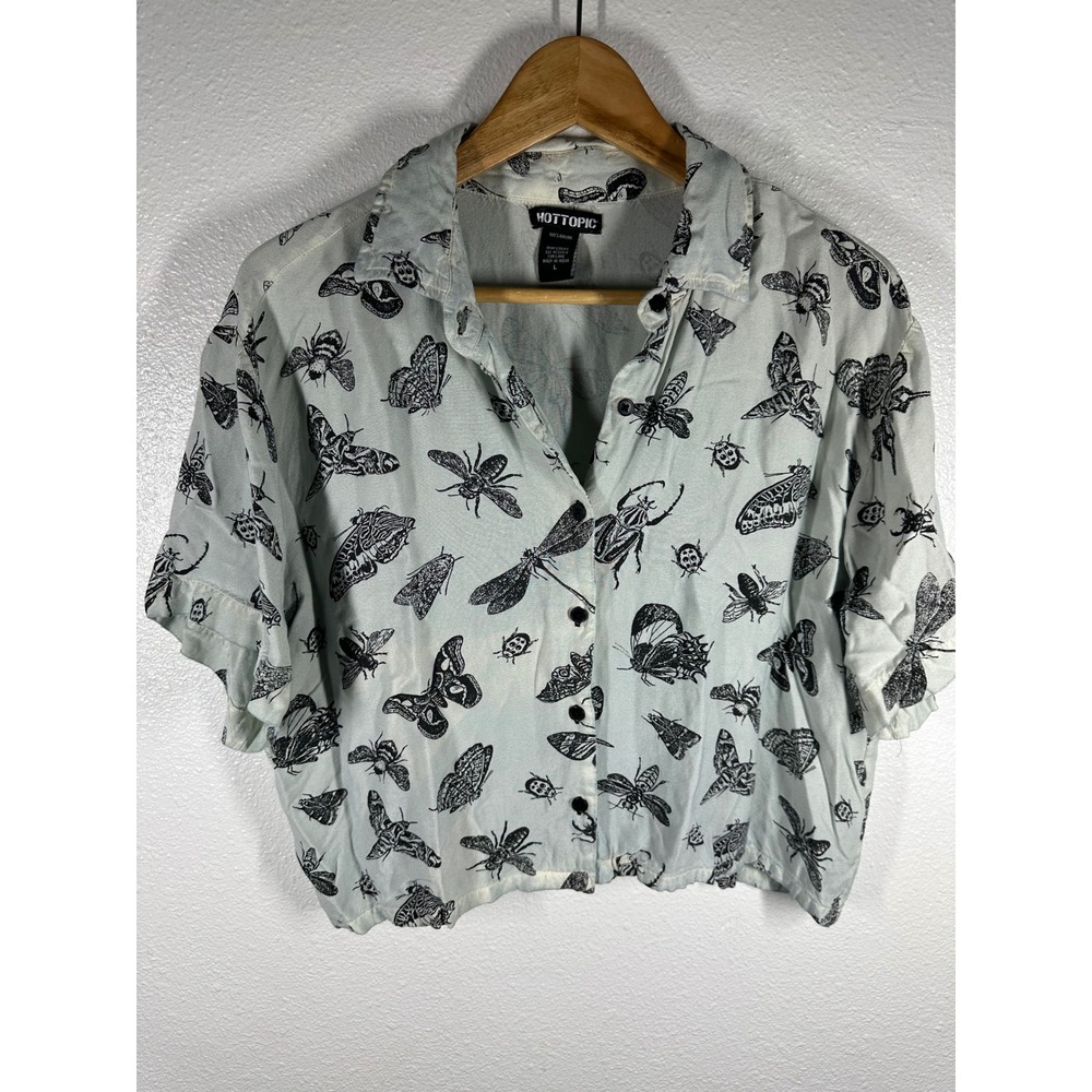 Hot Topic Button Down Women L Mint Insect Print Crop Top Short Sleeve Rayon Goth